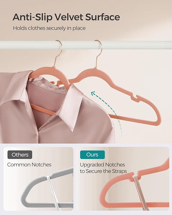 SONGMICS Velvet Hangers 100 Pack, Non-Slip Clothes, Suit With Shoulder Notches, Pants Bar, 360 Swivel Hook, Space-Saving, for Closet, Jelly Pink UCRF029R100