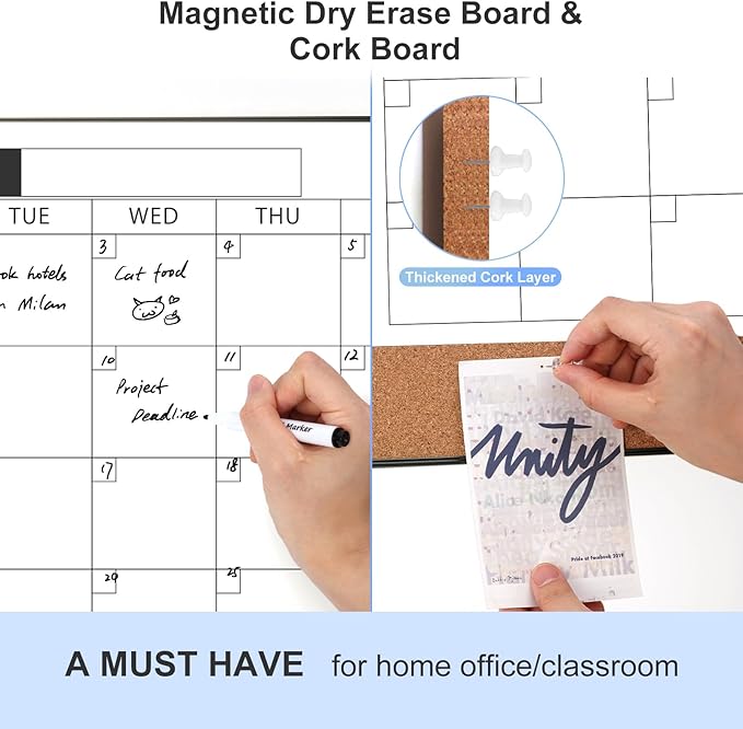 ARCOBIS Dry Erase Calendar with Cork Board for Wall, 24"x 18" Magnetic Calendar Whiteboard with Black Frame, Monthly Combination Board for School, Home, Office