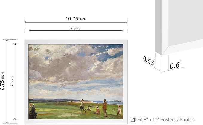 Poster Master Vintage Lady Astor Playing Golf at North Berwick Painting Poster - Retro Golf Course Print - Golf Art - Sports Art - Landscape Art - Office or Living Room Decor, 8x10 White Framed