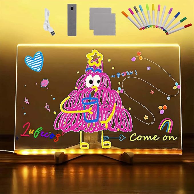 Led Note Board with Colors, 11.8 X 7.9” Acrylic Dry Erase Board with Light, Acrylic Lighted Memo Board with Adjustable Stand, LED Light-Up Message Note Board with 12 Pen for Office School Home