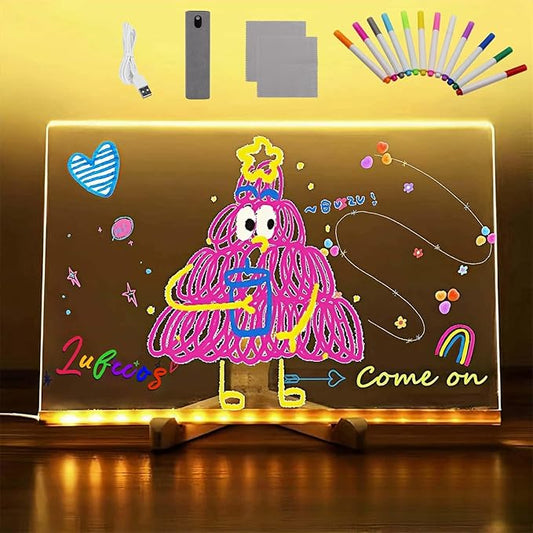 Led Note Board with Colors, 11.8 X 7.9” Acrylic Dry Erase Board with Light, Acrylic Lighted Memo Board with Adjustable Stand, LED Light-Up Message Note Board with 12 Pen for Office School Home