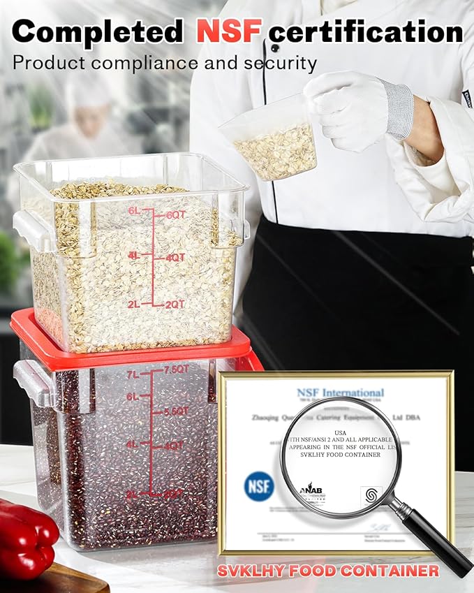 4QT NSF Food Storage Containers: 8 PCS [Food Grade][Hot&Cold Resistant] Commercial Clear Square Food Storage Containers with Scales Handles for Home Restaurant Kitchen Proof Dough (Red)