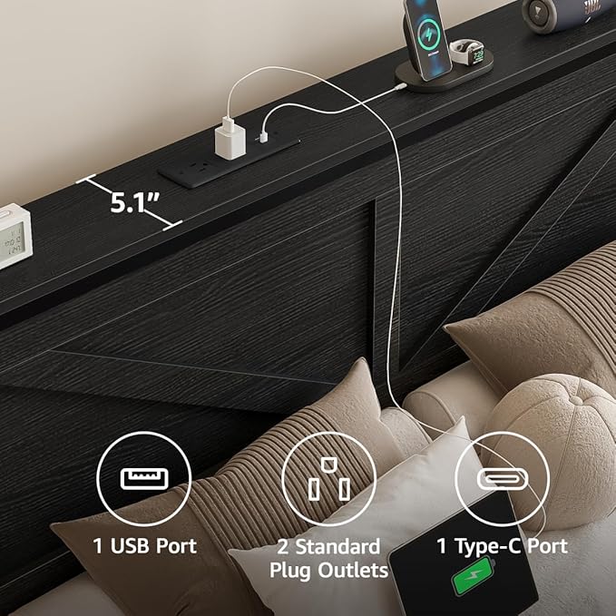 Rustic Full Size Bed Frame with Storage Drawers and Barn Door Headboard, Farmhouse LED Bed Frame Full with Charging Station, Metal Industrial Platform Bed Frames, No Box Spring Needed, Black