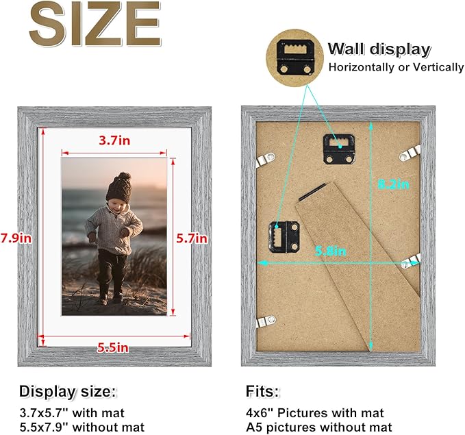KINLINK A5 Picture Frame, Grey Solid Wood Frames with Acrylic Plexiglass for Pictures 4x6 with Mat or A5 without Mat, Tabletop and Wall Mounting Display 4 Pack
