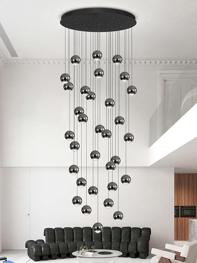 Farmhouse Crystal Chandelier, Luxury Hanging Lights High Ceiling Pendant Lighting for Foyer Staircase 32 Lights Black Dimmable 2700k-6000k