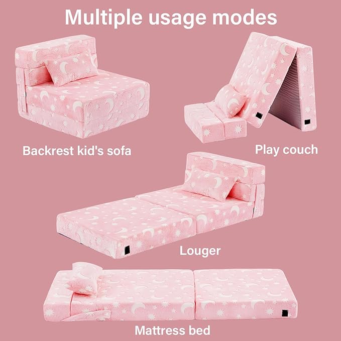 Folding Sofa Bed Floor Mattress for Kids with Pillow, Toddler Glow Washable Folding Floor Nap Mat for Sleeping, Child Fold Up Sofa Futon Chair Bed with Storage Bag for Girls Boys