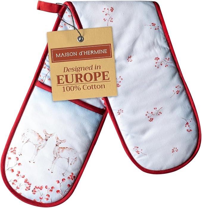 Maison d' Hermine Double Oven Mitt (7" x 35") 100% Cotton Heat Resistant BBQ Cooking Gloves with Loop for Thanksgiving Christmas Decorations Baking Cooking Handling Hot Pan (Fairy Tale Forest)