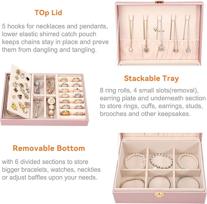 Voova Jewelry Box Organizer for Women Girls, 2 Layer Large Men Jewelry Storage Case, PU Leather Display Jewellery Holder with Removable Tray for Necklace Rings Bracelets,Vintage Gift,Rose Gold