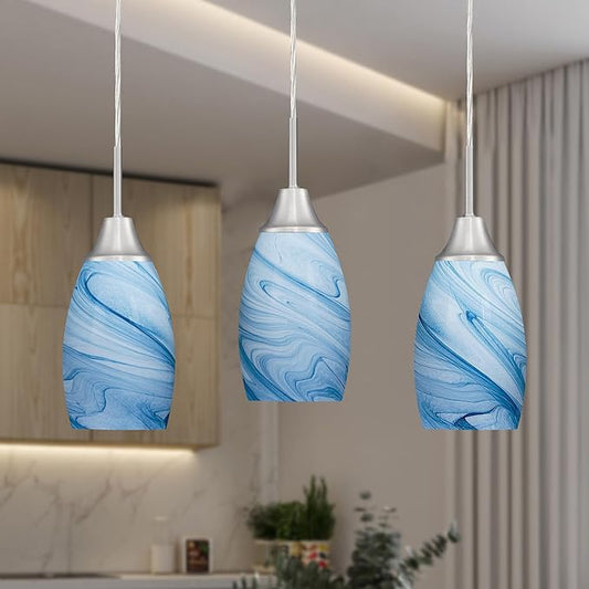 Mini Glass Pendant Light with Handblown Blue Marble Art Glass Shade Adjustable Cord Modern Oval Lamp Ceiling Pendant Light Fixture for Dining Room, kitchen,Foyer, Hallway, Brushed Nickel Finish 3 Pack