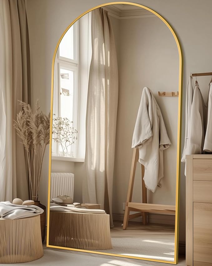Antok Full Length Mirror, 78"x38" Floor Mirror with Stand, Hanging Mounted Mirrors for Bedroom, Living Room, Cloakroom, Dining Room, Gold, Arched