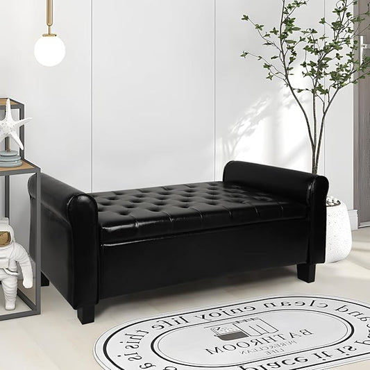 Storage Ottoman Bench with Arms, End of Bed Bench for Bedroom, Button Tufted for Entryway, Living Room,Hallway, Foot Rest (Black)