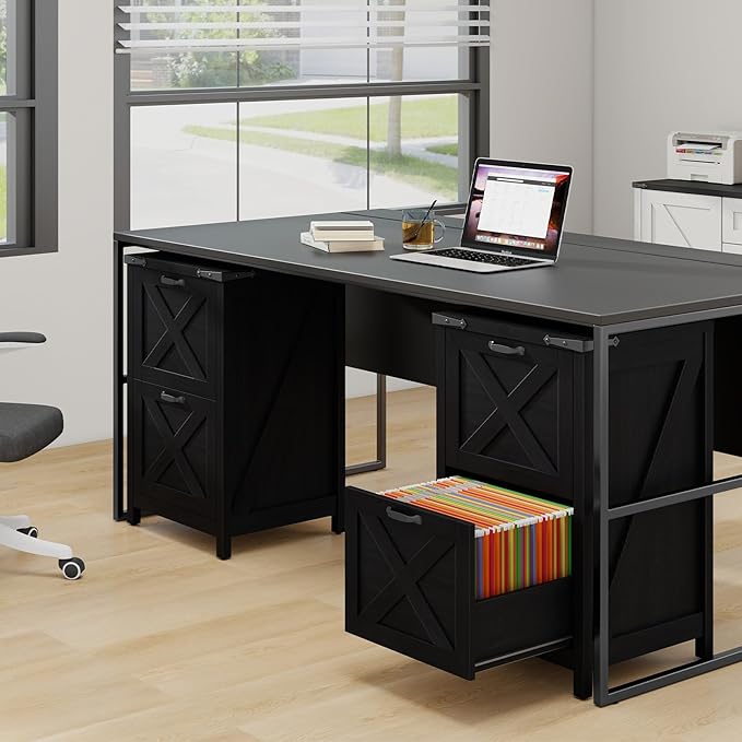 Vertical File Cabinet with 2 Drawers, Wooden Farmhouse Filing Cabinet for Letter/A4 Size Hanging Files, Under Desk Printer Stand with Storage for Home Office, Black