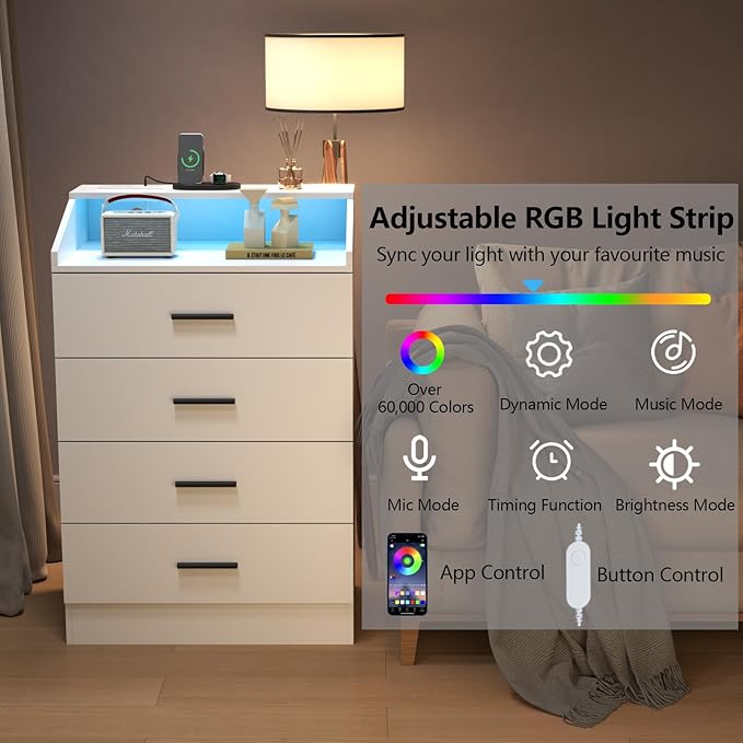 4 Drawers Dresser with Power Outlet, Chest of Drawers with LED Light, White Dresser Organizer with Open Storage Cubby, Modern Nightshatnd for Bedroom, Living Room, Entryway, Hallway