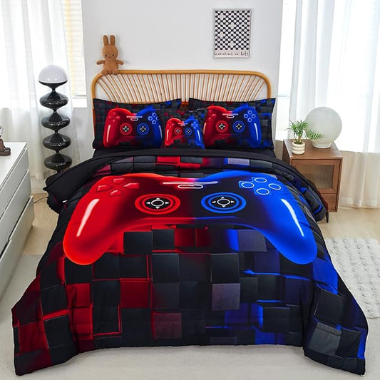 PERFEMET 6 Pieces Gaming Bedding Sets Full Size Red and Blue Gamer Comforter Set for Boys Girls Soft Fluffy 3D Cool Video Game Kids Bed in A Bag for All Seasons(Red Blue, Full)