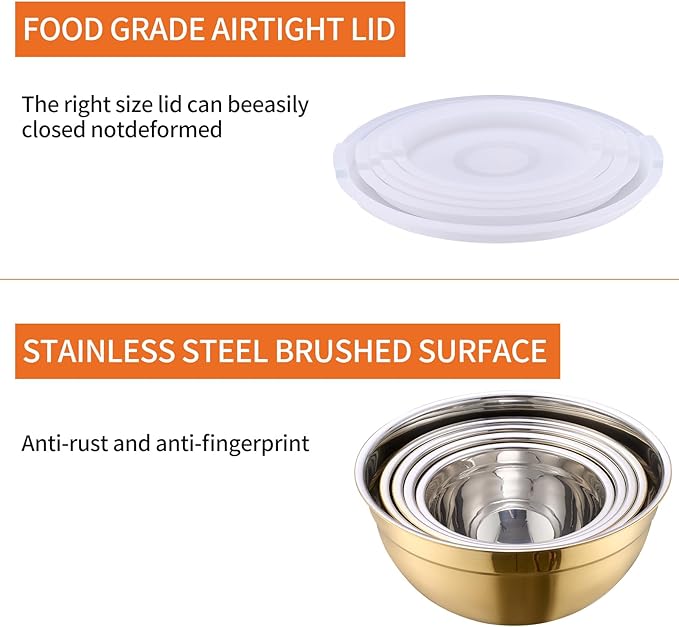 Gold Mixing Bowls with Airtight Lids, Stainless Steel Nesting Mixing Bowls Set of 5, Ideal for Baking, Prepping and Serving Food, Size 5.5, 3.6, 2.7, 2.1, 1.5, QT, Stackable Design