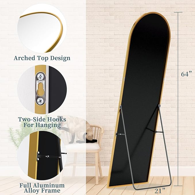 Full Length Mirror with Stand, 64"x21" Arched Full Body Mirror, Large Stand Up Aluminum Frame Floor Freestanding Hanging Leaning Mounted for Bedroom Living Room Entryway Gold