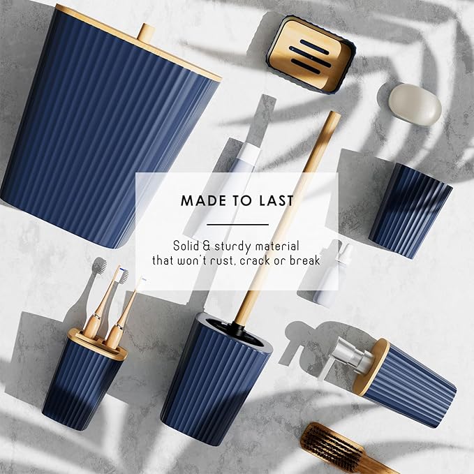 Shower Caddy and Bathroom Accessories Set, 25PC Bathroom Accessory Set with Shower Shelf Caddy for Bathroom Storage, Navy Shower Curtain Set, Toilet Brush, Trash Can, Soap Dispenser, Toothbrush holder