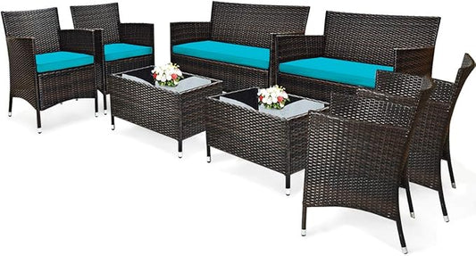 Tangkula 8 Pieces Patio Rattan Conversation Set with Tempered Glass Coffee Table & Thick Cushion, Wicker Set for Garden, Lawn, Poolside and Backyard