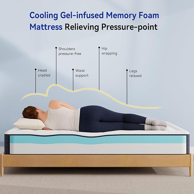 ONENICE 10 Inch Mattress Queen, Cooling Gel‑Infused Memory Foam Mattresses in a Box, Imitation Cotton Fabric with 3D Down Alternative Filling Pillowtop CertiPUR-US® Certified, Fiberglass-Free