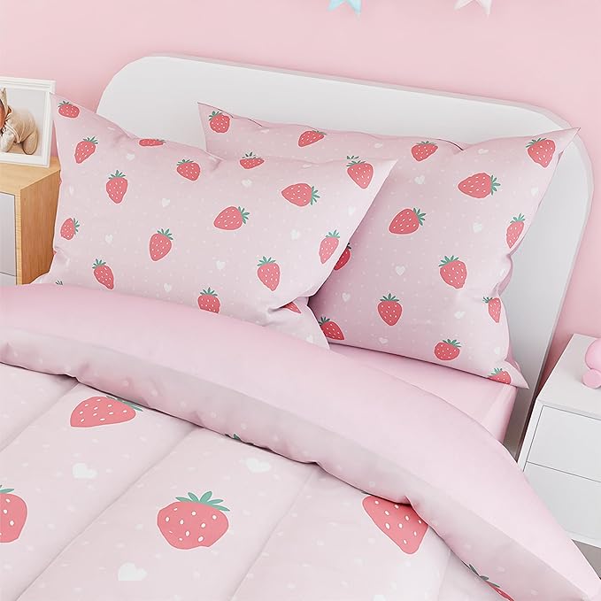 SANDJEST Strawberry Duvet Cover Sets Twin Size for Kids Girls, Include 1 Polyester Comforter Cover 68x86 Inches and 1 Pillowcase 20x26 Inches, Comforter Not Included, Gift for Christmas Birthday