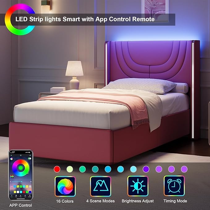 Pink Twin Bed Frame with LED Lights, Faux Leather Upholstered Platform with Silver Wingback Headboard, Modern Style, No Box Spring Needed, Easy Assembly