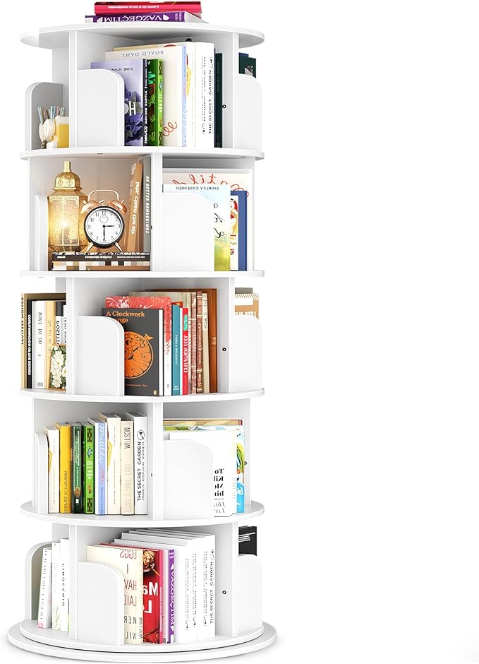 Rotating Bookshelf Tower, 5 Tier Spinning Bookcase, Revolving 360 Book Shelf Narrow Tall Bookcase, Vertical Turning Round Bookshelf Organizer, Wood Corner Book Shelf for Small Space, White