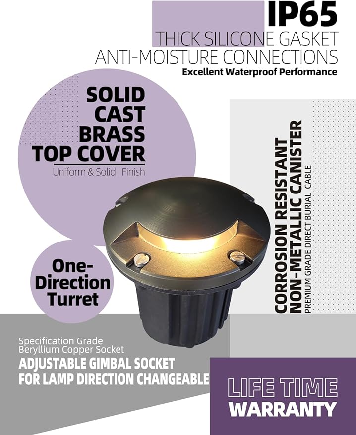 MALORY Brass Top Cover Landscape Well Lights,(5‘’H) 12V Low Voltage Outdoor In Ground Lights,Landscape Lighting for Pathway, Driveway and Garden (One-Direction Turret, 4-Pack Without Bulb)