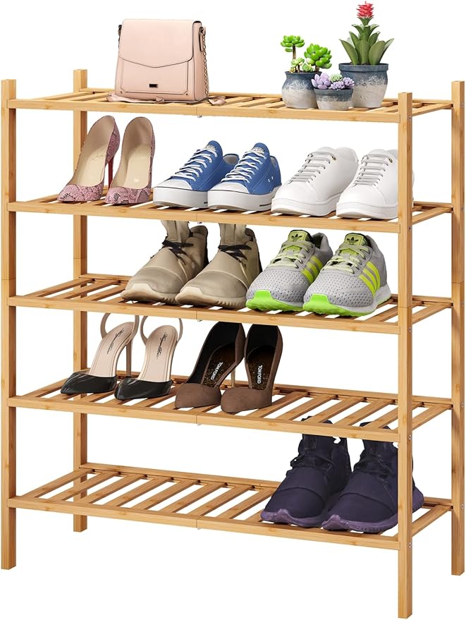 5-Tier Bamboo Shoe Rack for Entryway, Stackable | Foldable | Natural, Shoe Organizer for Hallway Closet, Standing Shoe Racks for Indoor Outdoor
