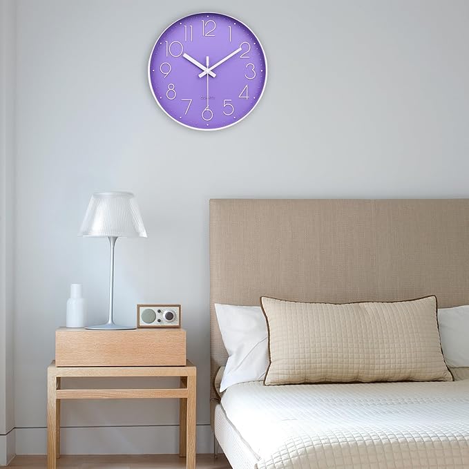 jomparis Purple Wall Clock 12 Inches Silent Quartz Wall Clock for Bedroom,Home,Living Room