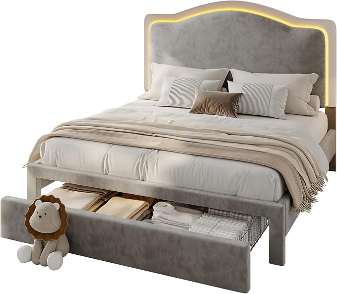 Jocisland Twin Bed Frame with 51" Tall & Thick Adjustable Headboard, Storage Drawer, RGB LED Lights, No Box Spring Needed, Velvet Upholstered, Grey