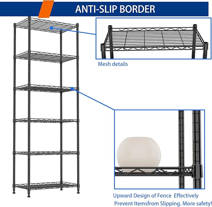 REGILLER 6 Wire Shelving Steel Storage Rack Adjustable Unit Shelves for Laundry Bathroom Kitchen Pantry Closet(Black,11.7" D x 21.4" W x 63" H)
