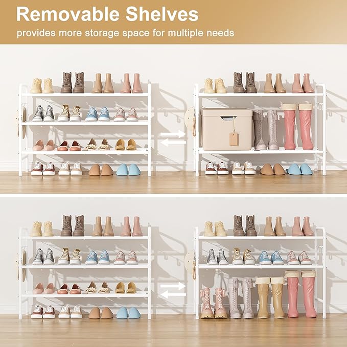 3 Tier Shoe Rack 33" Wide Metal Shoe Organizer Long Shoe Storage with 4 Side Hooks Sturdy Shoes Shelf for Front Door Entrance, Closet, Garage, Dorm, White