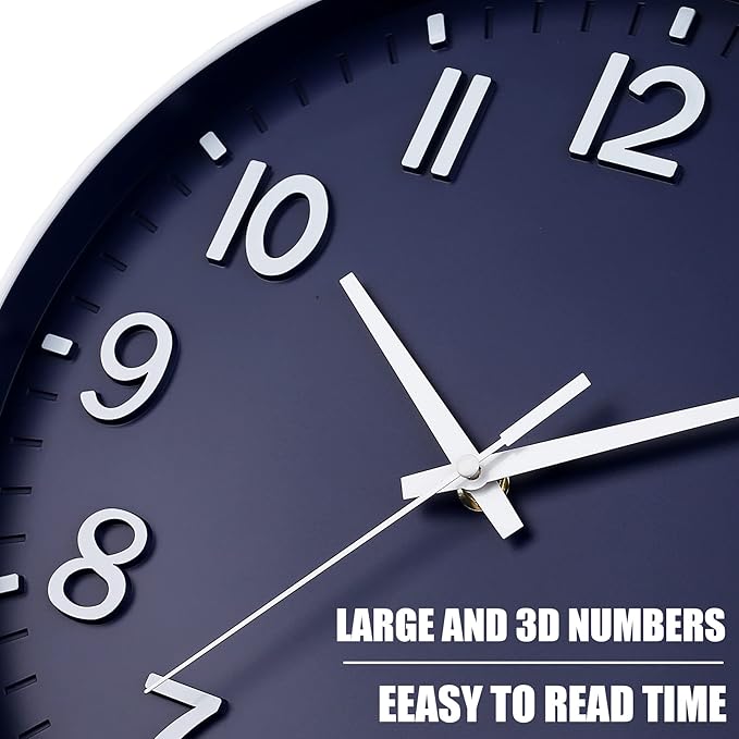 HZDHCLH Navy Blue Wall Clocks Battery Operated,12 inch Silent Non Ticking Modern Wall Clock for Living Room Bedroom Kitchen Office Classroom Decor