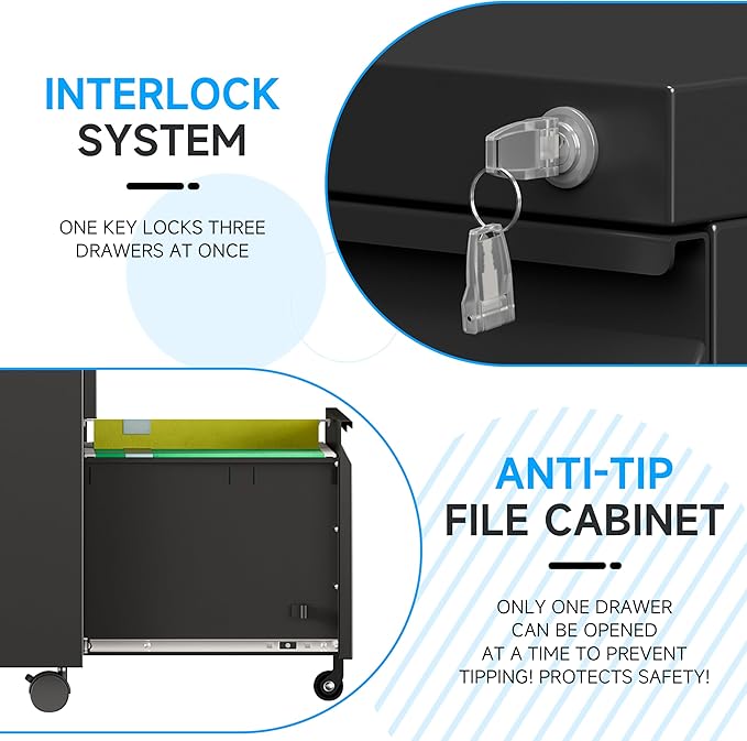 3 Drawer File Cabinet on Wheels, Mobile File Cabinet with Lock for Letter/Legal/A4 File, Metal Rolling File Cabinets for Home Office (Black)