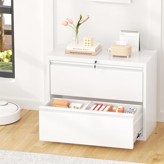 Greenvelly Lateral File Cabinet 2 Drawer, Lockable Metal Filing Cabinet for Home Office, White Metal File Cabinet with Lock for Legal/Letter/A4/F4 Size with Hanging Bars&Key