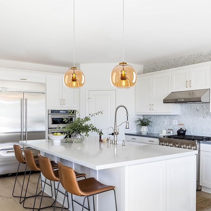Amber Glass Pendant Lights Kitchen Island Gold Hanging Light Fixture Glass Globe Pendant Light Modern Pendant Lighting for Kitchen Island Bedroom Dining Room (7.87", 2 Pack)