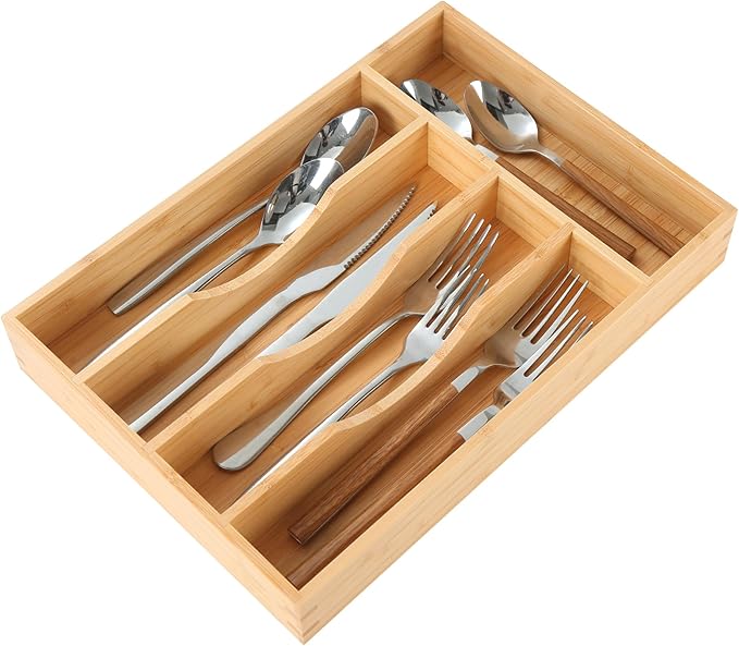 Bamboo Kitchen Drawer Organizer, 8.25 Inch Silverware Utensil Holder for Samll Drawer, Silverware Organizer for Cutlery Knives