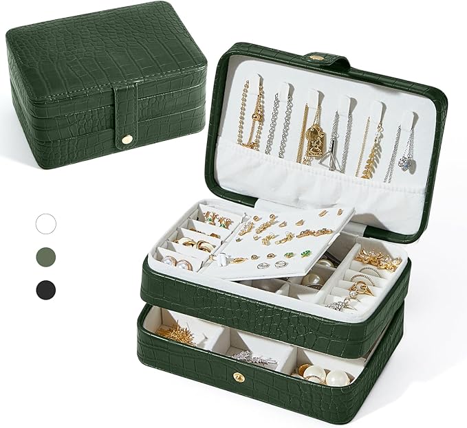 PU Leather Travel Jewelry Organizer Case for Women & Girls, 2-Layer Portable Jewelry Box for Earrings, Rings, Necklaces, Bracelets, Compact Jewelry Storage (Green)