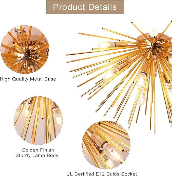 Jaycomey Sputnik Ceiling Light Fixtures, Mid-Century 12 Lights Gold Firework Ceiling Light, Modern Semi Flush Mount Ceiling Lamp for Bedroom Living Dining Room, E12, Dia 29.5 Inch