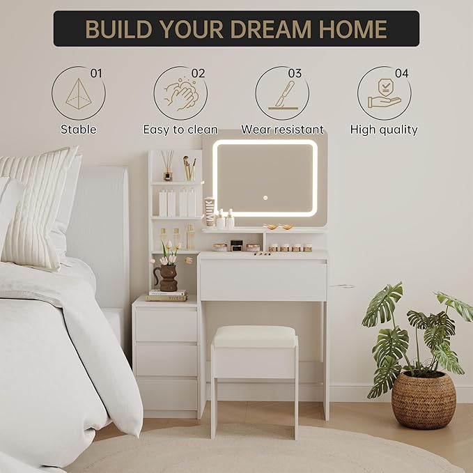 GAOMON Makeup Vanity Desk with Mirror and Lights - 36" Vanity Table Set with 4 Drawers, Power Outlet, USB Ports, Stool, Dressing Table with 3 Lighting Color Adjustable for Bedroom, Women, White