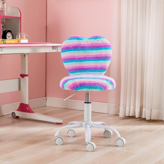 Cute Fuzzy Kids Chair for Teenage Girls - Rolling Study Desk with Adjustable Heart Shaped Reading Vanity for Bedroom, Rainbow