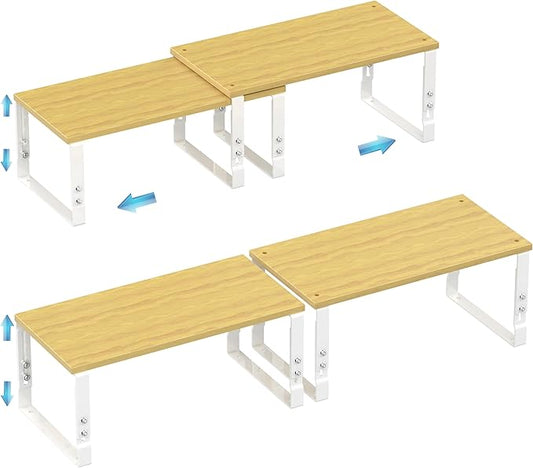 Expandable Kitchen Cabinet Organizer Shelves – Stackable Adjustable Metal and Wood Storage Racks for Countertop, Pantry, Garage Set of 2 Spice Rack – Easy Assembly, Space-Saving(2 Packs/Large/White)