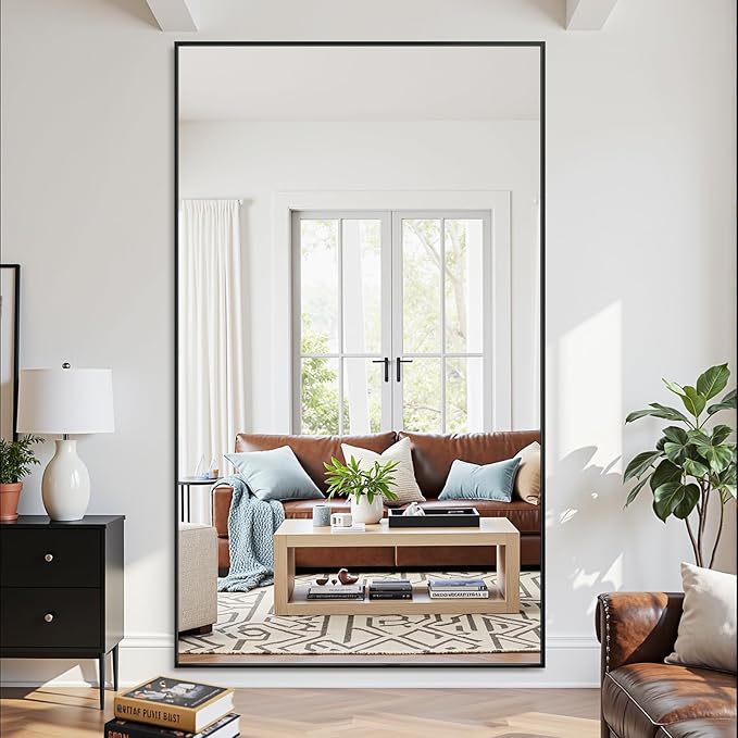 Full Length Mirror, 86"x46" Oversized Floor Mirror Freestanding, Full Body Mirror Floor Standing Mirrors with Stand, Hanging Mounted Mirrors for Bedroom Living Room, Black, Rect Style