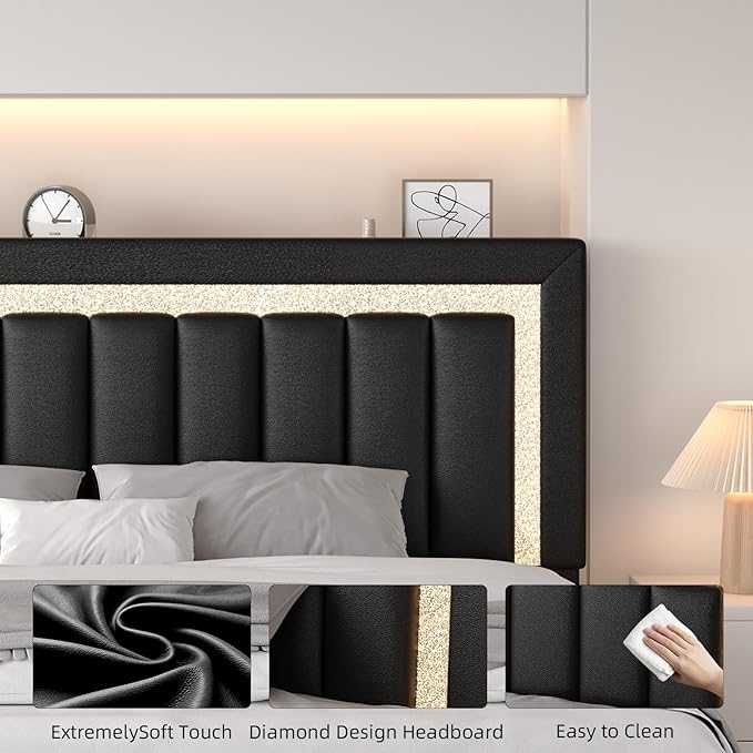 HOMBCK Floating Bed Frame King with Smart LED Lights, Faux Leather Upholstered Platform Bed with Diamond PU Headboard, No Box Spring Needed, Noise-Free, Easy Assembly, Black