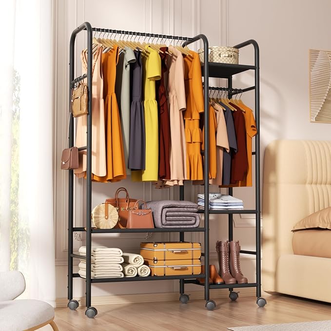 Portable Closets For Hanging Clothes,Wardrobe Closet Racks For Hanging Clothes,Sturdy Clothes Rack Heavy Duty,5-Tier Metal Freestanding Clothing Racks With Shelves, 45" X 16" X 69"
