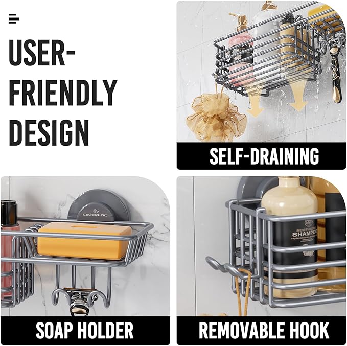 LEVERLOC Shower Caddy Suction Cup, Heavy Duty Bathroom Organizer for Inside Shower with Hooks & Soap holder， NO-Drilling Bathroom Holder-Grey