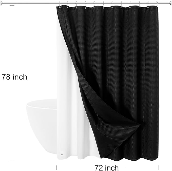 3 in 1 Long Shower Curtain Set-72 W x 78 H, Black Waffle and PEVA Liner Set with 12 Stainless Steel Hooks, Waterproof Fabric for Bathroom