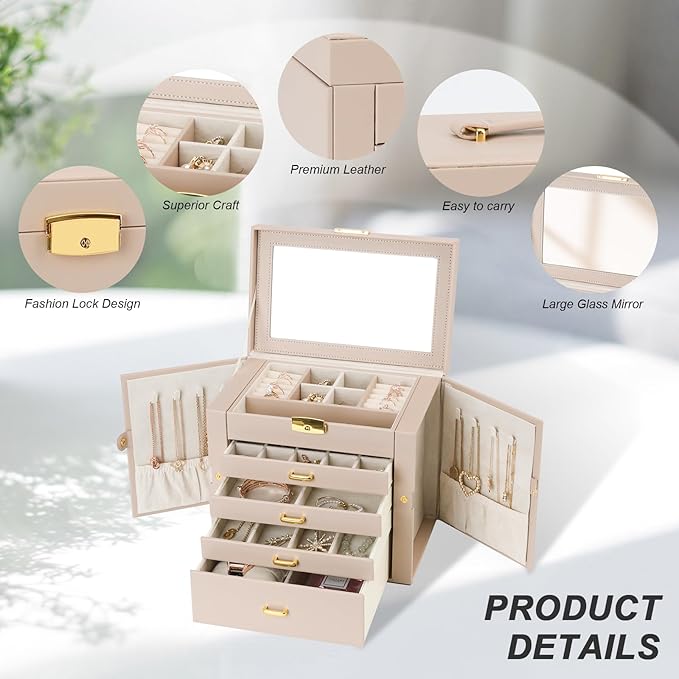 Large Jewelry Box, Jewelry Boxes for Women Large Jewelry Organizers and Storage, Women Large Jewelry Box with Mirror, 5 Layers 4 Drawers Jewelry Box with Handle Jewelry Organizer, Apricot