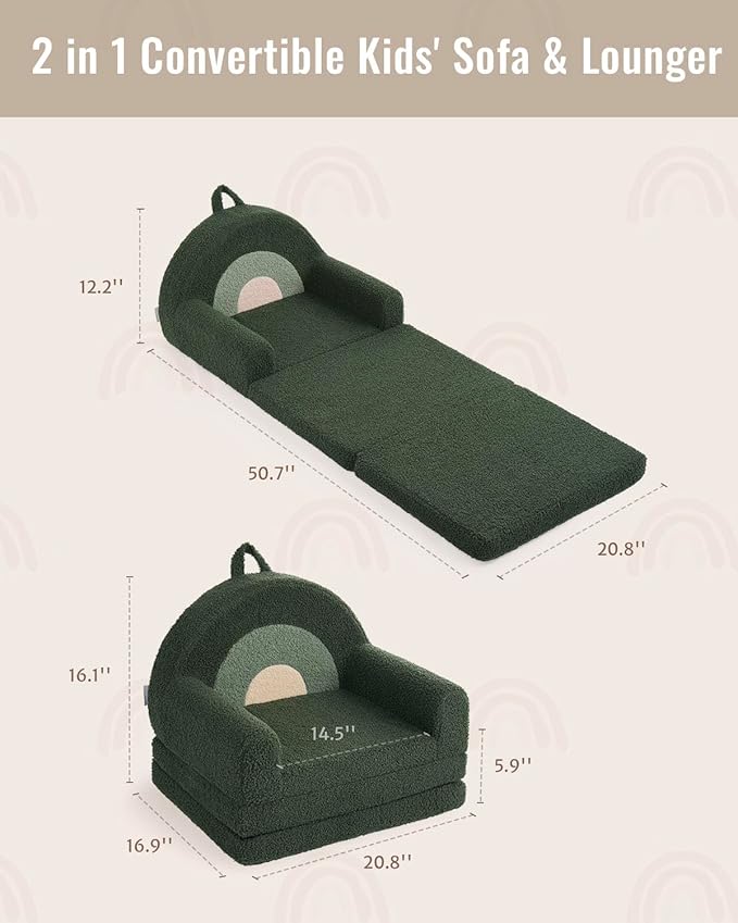 Blissful Diary Foldable Toddler Couch, 2-in-1 Comfy Toddler Chair & Lounger for Reading, Nap, Playroom, Kids Couch Sofa for 1 2 3+ Year Old Girls Boys Birthday Gift, Dark Green Arclet