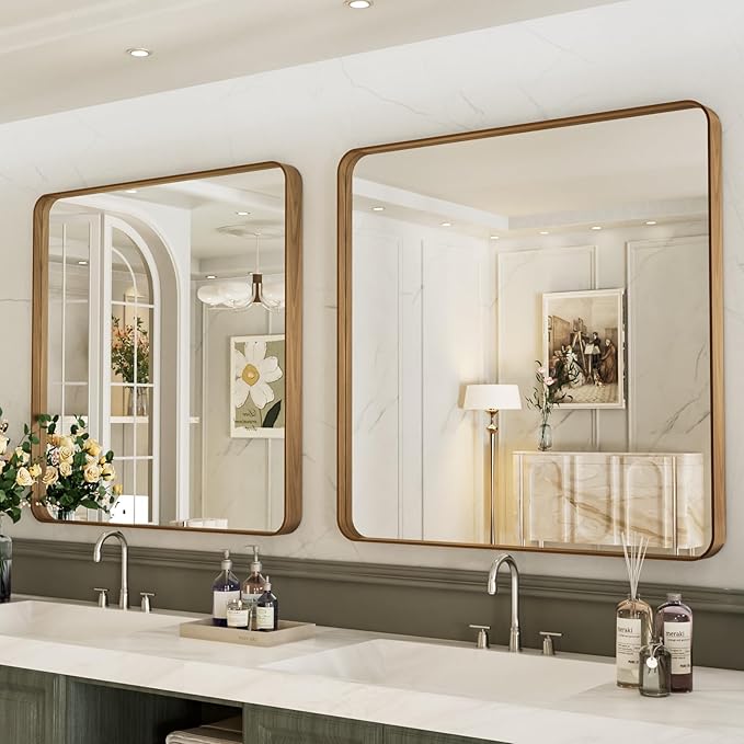 LOAAO 36X36 Inch Bathroom Mirror with Wood Grain Colored Metal Frame, Rounded Rectangle Metal Framed Bathroom Mirror, Anti-Rust, Hangs Horizontally or Vertically, Tempered Glass